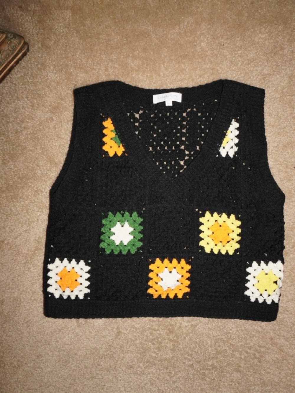 Rebellion Black Crochet V-Neck Vest with Yellow, Green, and White Squares